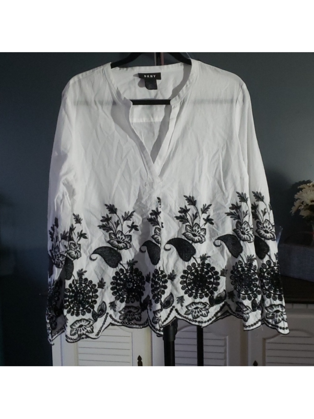 DKNY White Tunic with Black Floral Embroidery